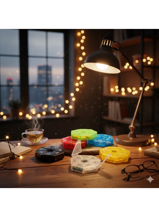 Weekly Hexagonal Pill and Vitamin Organizer - 7 Sections Divided by Day of the Week - Colored Clear Case for Easy Viewing - Compact Design for Travel and Home. - Image 3